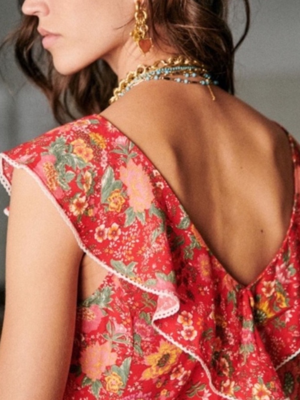 Sezane Manette Floral Blouse Ruffle Open Back Top V Neck Red Pink Size Small - Picture 7 of 14